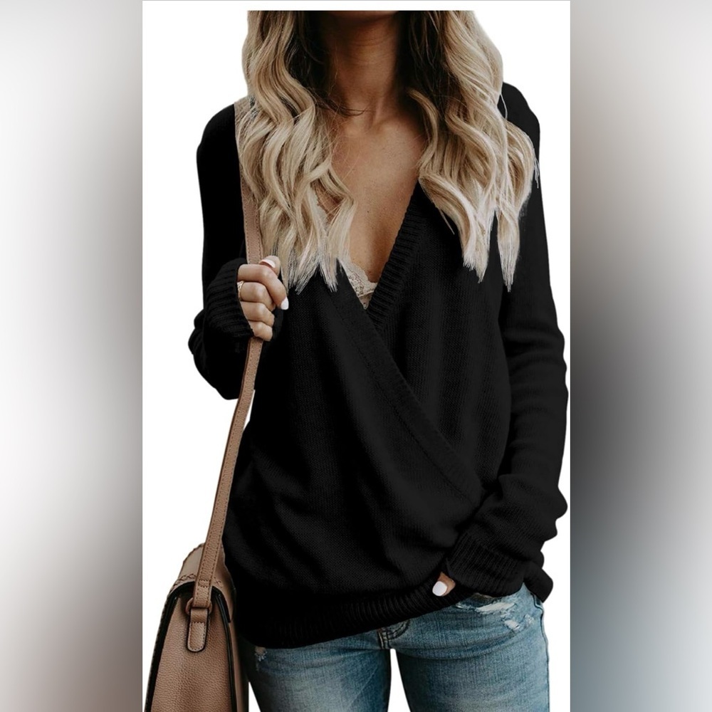 Softome Deep V-Neck Wrap Sweater, Oversized Pullover, Black, Size XL